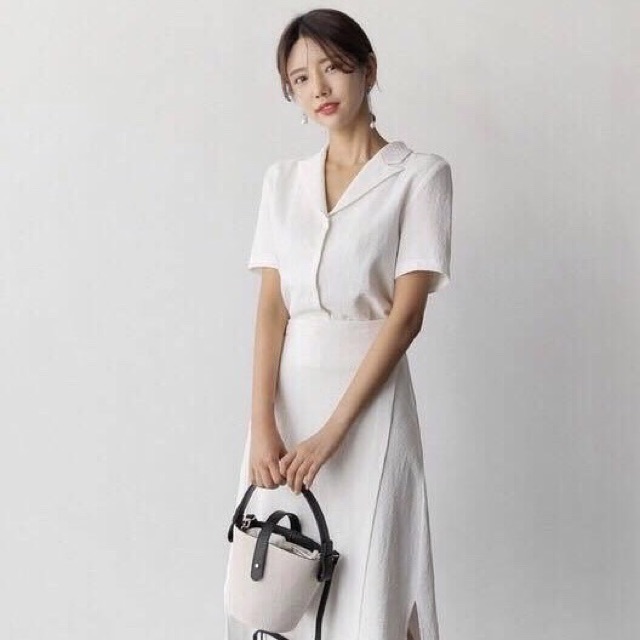 [HCM]Đầm trắng cổ vest đắp tà (kèm hình thật)