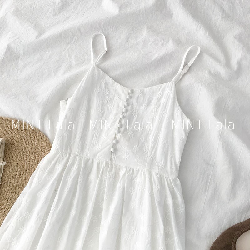 Đầm Trắng 2 Dây Dài Thêu Hoa Cao Cấp - Có Size