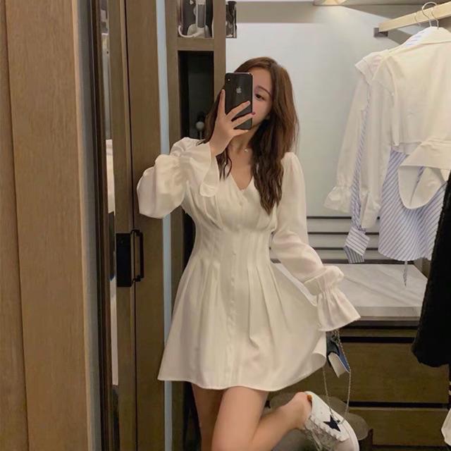 [HCM]Đầm xếp li eo tay dài 2 màu (kèm hình thật)