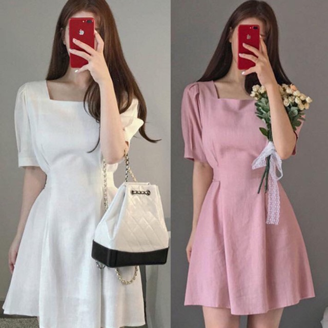 Đầm cổ u thắt nơ 2 màu