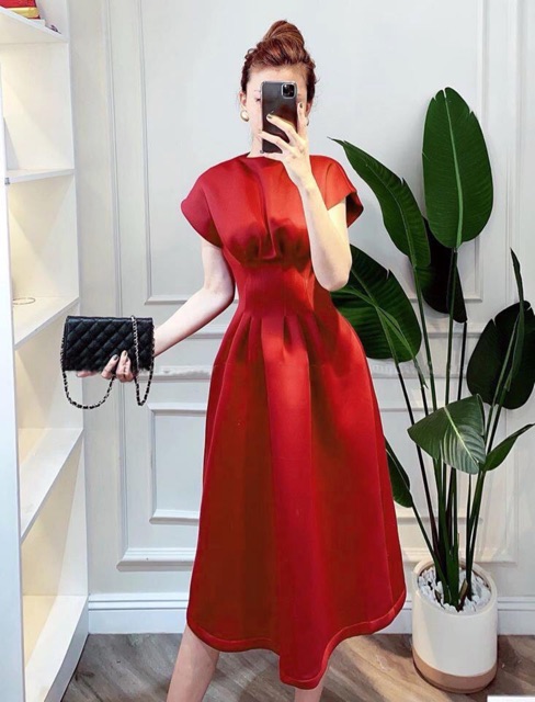 [HCM]Đầm đỏ tay con xếp li eo (kèm hình thật)