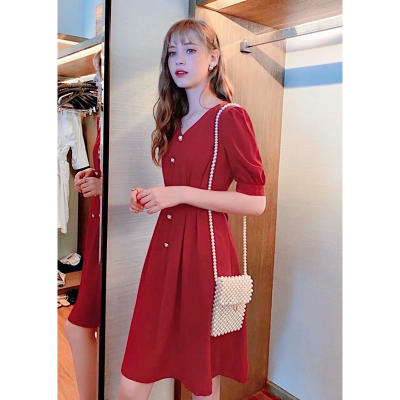 [HCM]Đầm đỏ nút ngọc (kèm hình thật)