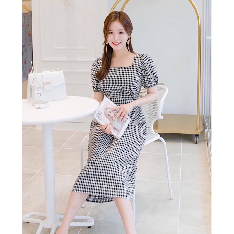 [HCM]Đầm caro đen cổ vuông (kèm hình thật)