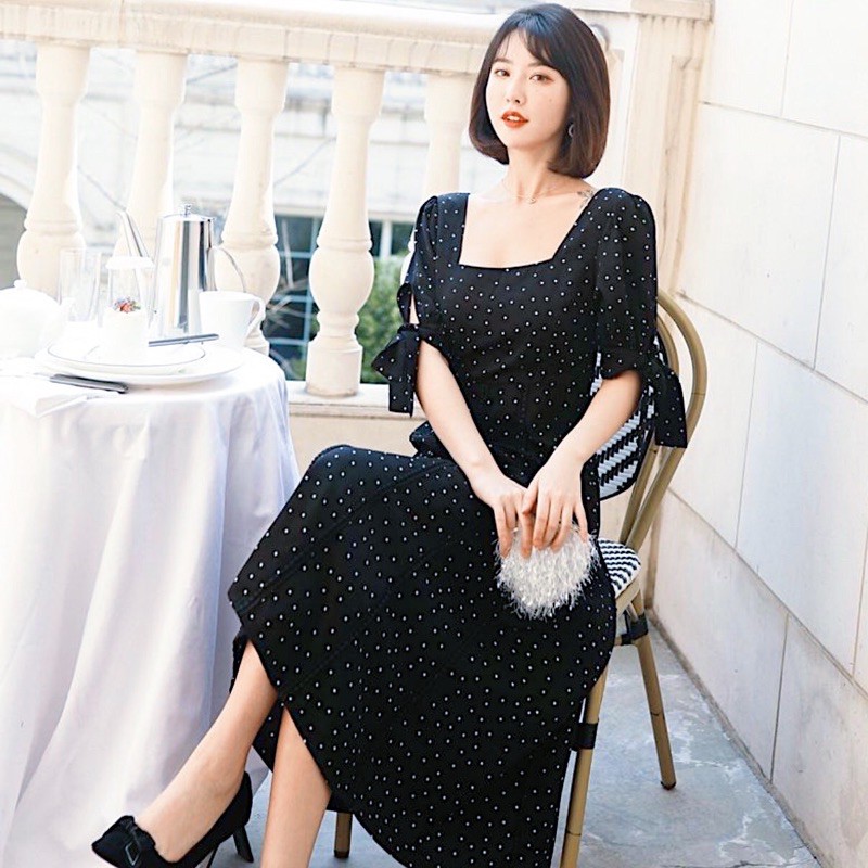 [HCM]Đầm bi đen tay nơ (kèm hình thật)