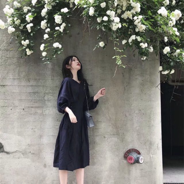 Đầm đen tay lỡ đan dây eo (kèm hình thật)