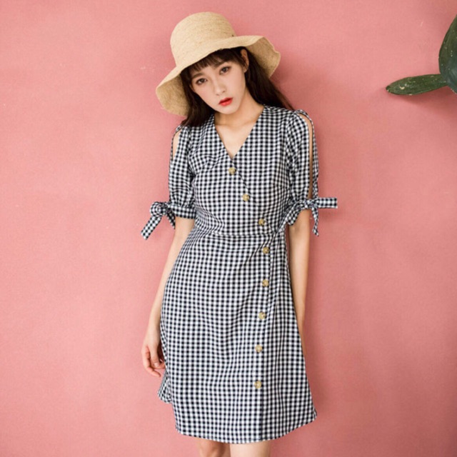[HCM]Đầm CARO nút xéo (kèm hình thật)