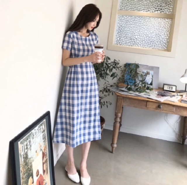 [HCM]Đầm caro xanh form dài (kèm hình thật)