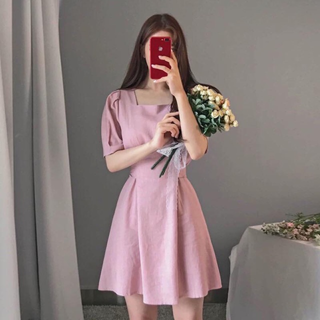 [HCM]Đầm cổ U thắt nơ 2 màu (kèm hình thật)