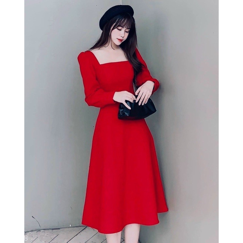 [HCM]Đầm cổ vuông tay dài 4 màu