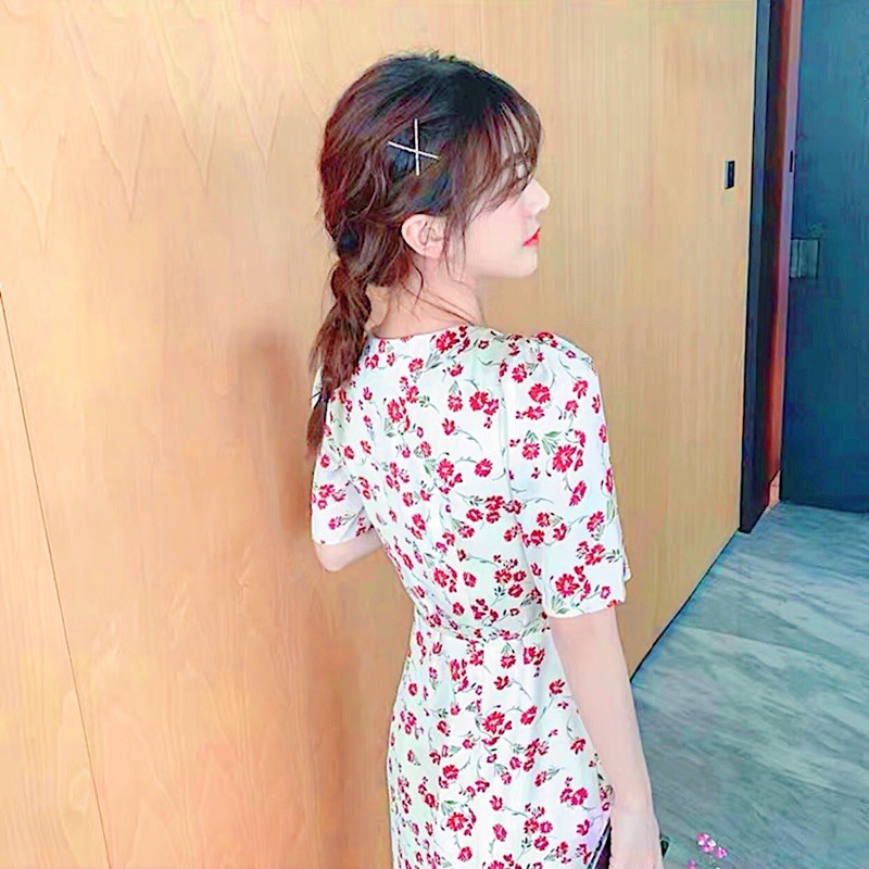 [HCM]Đầm hoa đỏ xẻ tà (kèm hình thật)