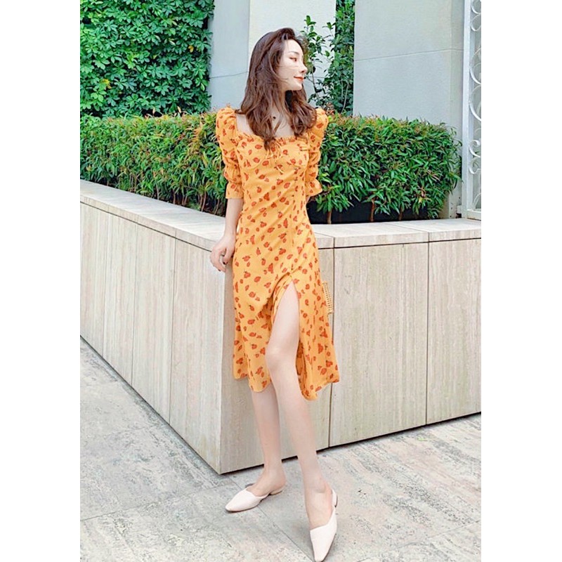 [HCM]Đầm hoa vàng xẻ tà form dài (kèm hình thật)