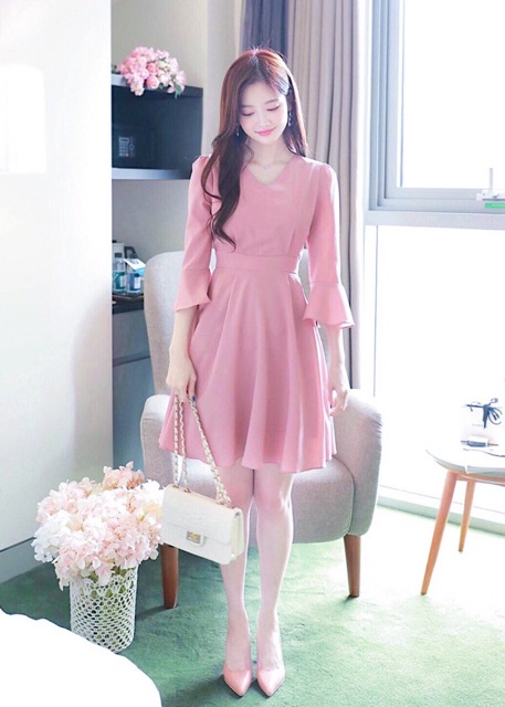 [HCM]Đầm hồng tay loa thắt nơ (kèm hình thật)