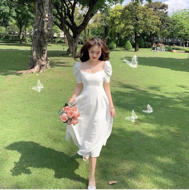 [HCM]Đầm trắng chéo dây form dài (kèm hình thật)