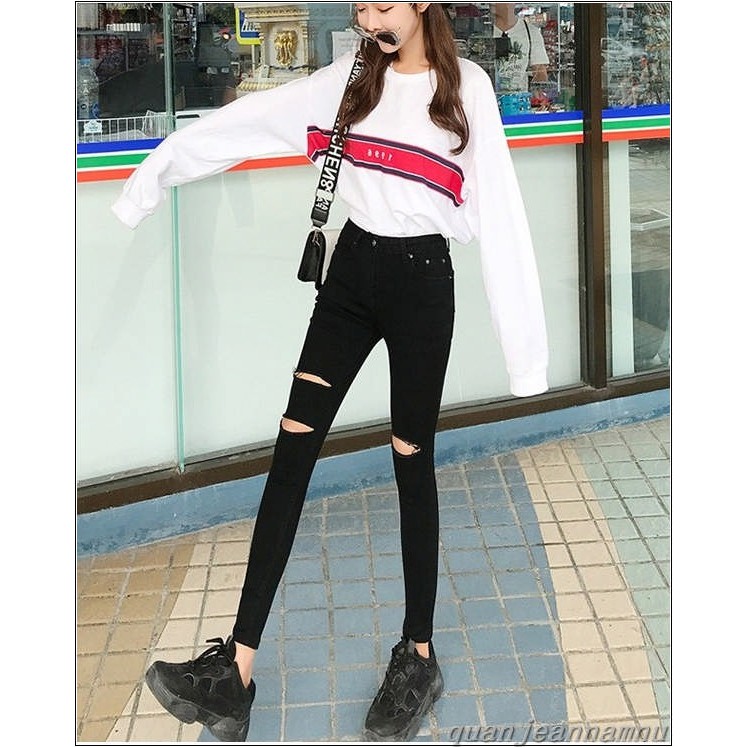 Quần jean nữ lưng cao ĐEN RÁCH GỐI ( BÊN 1 - BÊN 2 ) ĐRG-#1