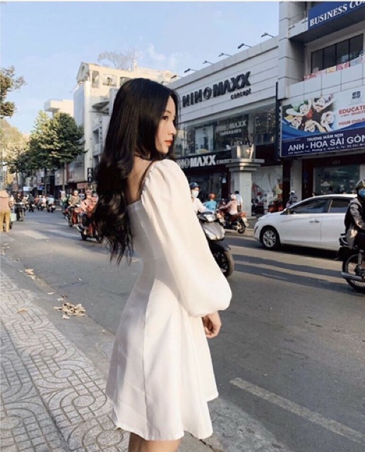 [HCM]Đầm cổ U tay dài phồng 4 màu (kèm hình thật)