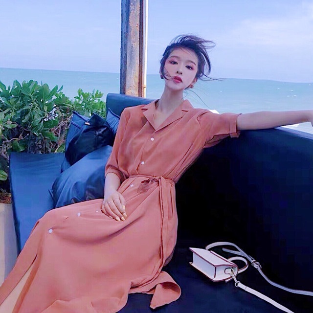 [HCM]Đầm sm hồng ruốc nút trắng (kèm hình thật)