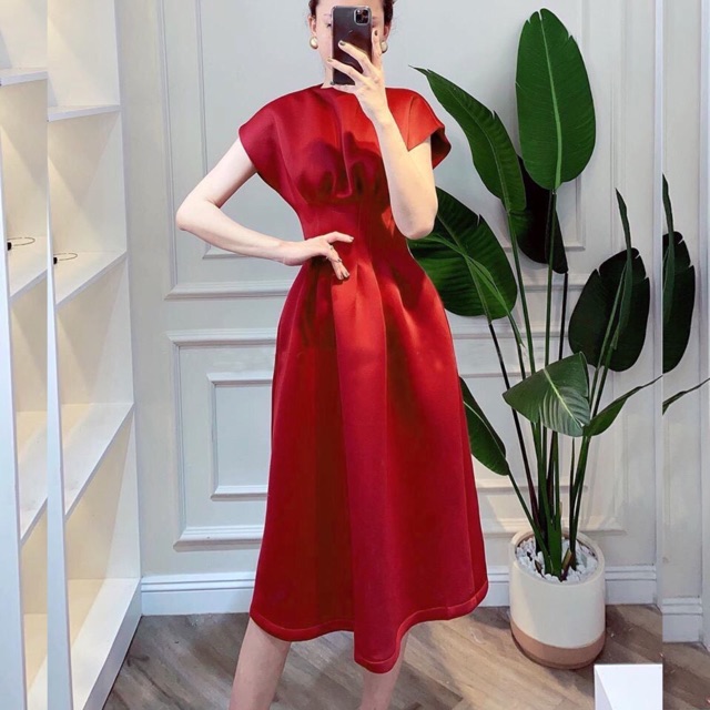 [HCM]Đầm đỏ tay con xếp li eo (kèm hình thật)