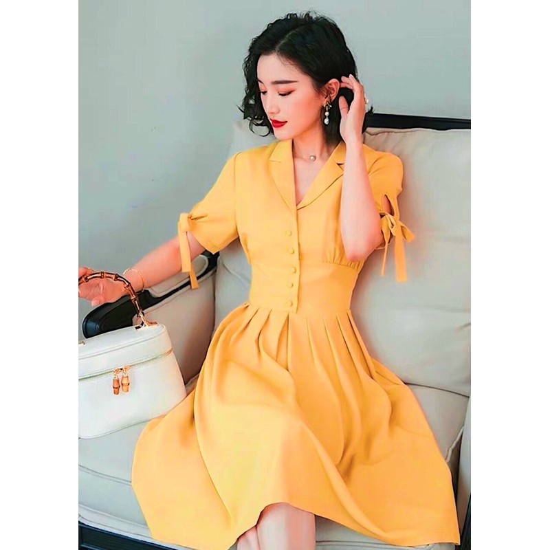 [HCM]Đầm sm vàng nghệ nút bọc (kèm hình thật)