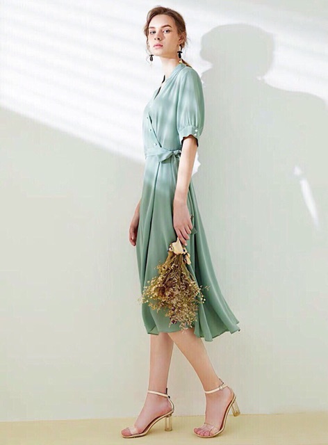 Đầm mint nút xéo (kèm hình thật)