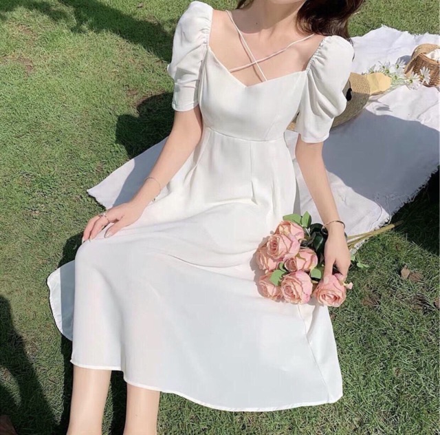 [HCM]Đầm trắng chéo dây form dài (kèm hình thật)