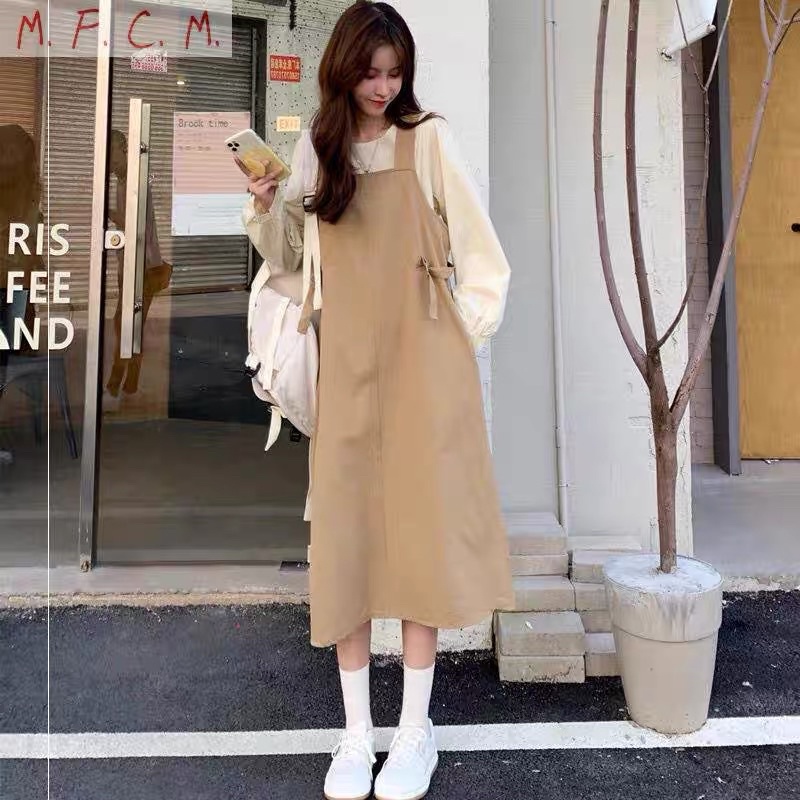 Set Váy Yếm Vintage Dài Tay Thắt Nơ Eo (ẢNH THẬT)