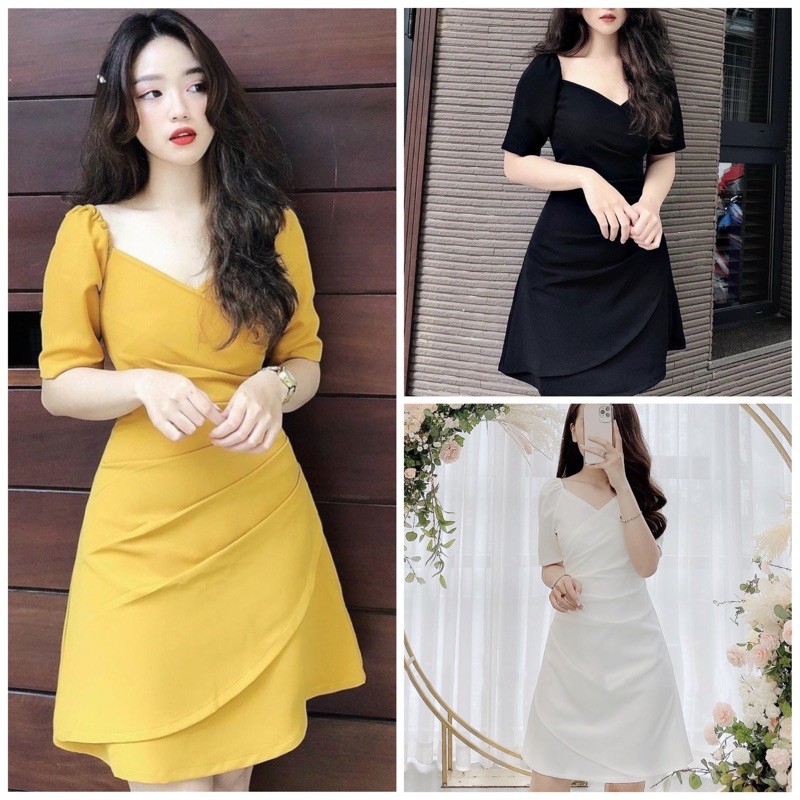 [HCM]Đầm cổ V xếp li eo 3 màu