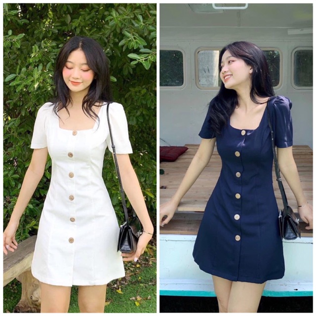 [HCM]Đầm cổ U nút dừa 2 màu (kèm hình thật)