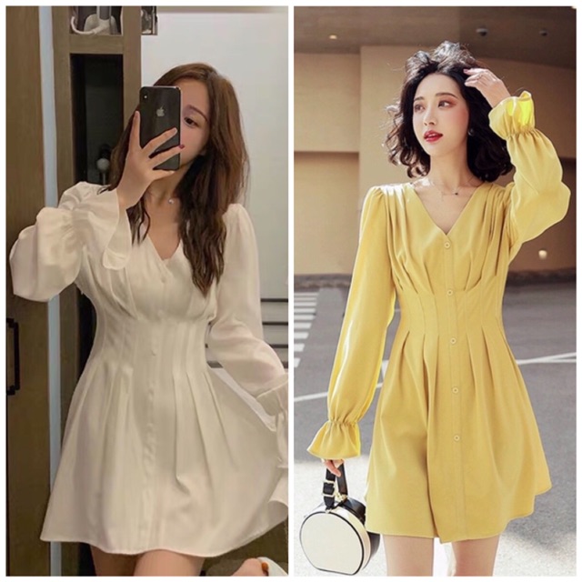 [HCM]Đầm xếp li eo tay dài 2 màu (kèm hình thật)