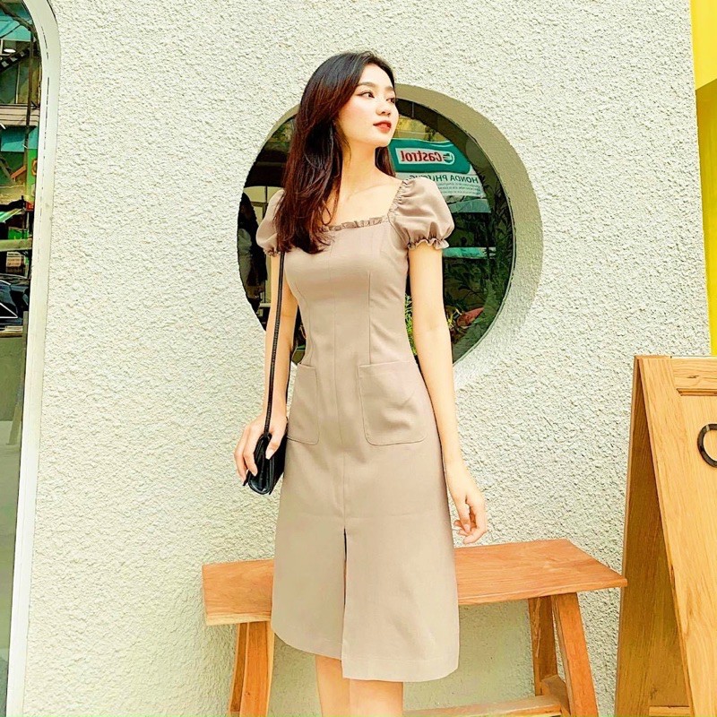 [HCM]Đầm kem cổ vuông 2 túi