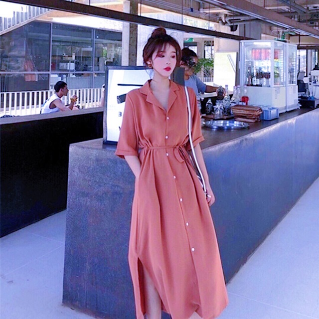 [HCM]Đầm sm hồng ruốc nút trắng (kèm hình thật)