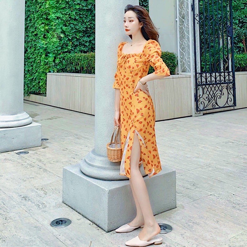 [HCM]Đầm hoa vàng xẻ tà form dài (kèm hình thật)