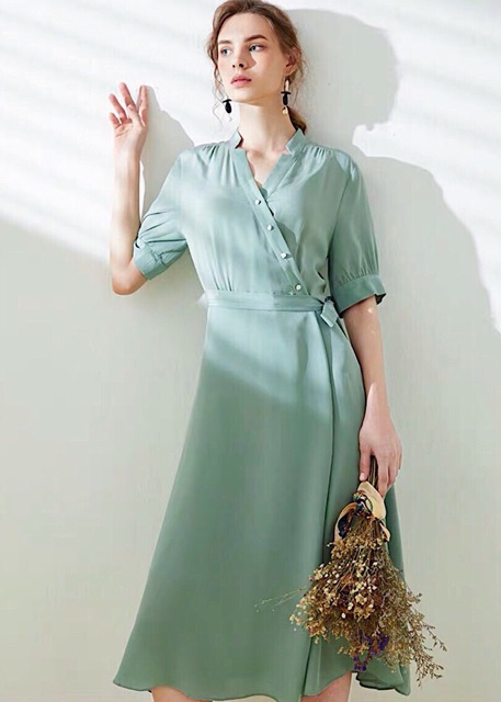 Đầm mint nút xéo (kèm hình thật)