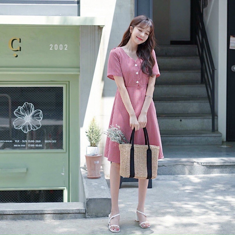 [HCM]Đầm caro đỏ nút trắng (kèm hình thật)
