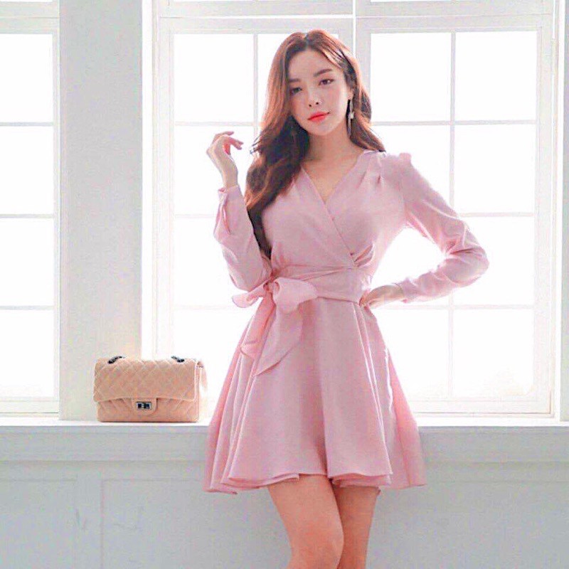 [HCM]Đầm hồng cột eo tay dài (kèm hình thật)