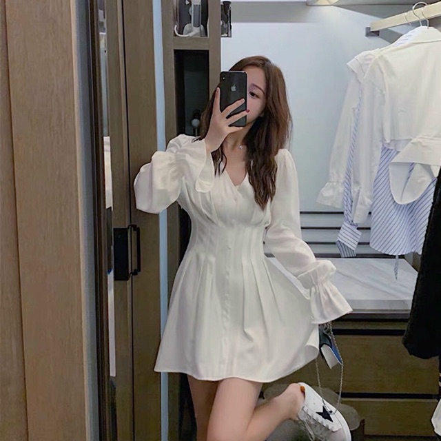 [HCM]Đầm xếp li eo tay dài 2 màu (kèm hình thật)