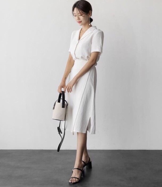[HCM]Đầm trắng cổ vest đắp tà (kèm hình thật)