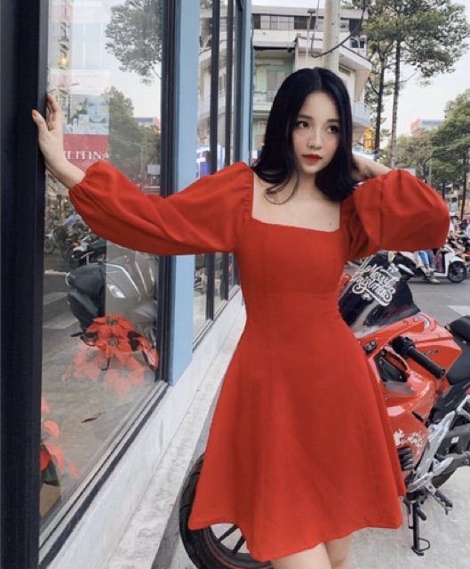 [HCM]Đầm cổ U tay dài phồng 4 màu (kèm hình thật)