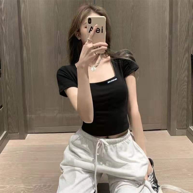 Áo Cổ Vuông Logo Croptop Thun Tăm - A2TT