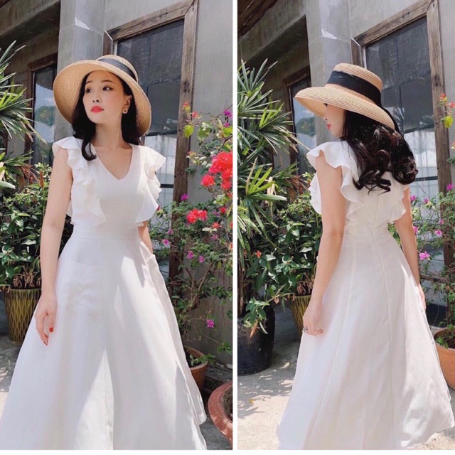 [HCM]Đầm trắng cổ V 2 túi (kèm hình thật)