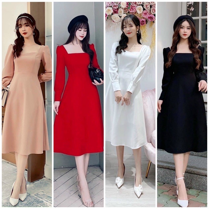 [HCM]Đầm cổ vuông tay dài 4 màu