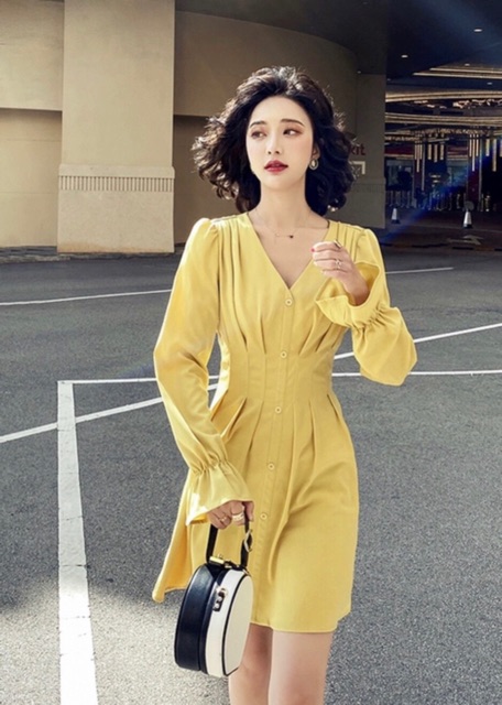 [HCM]Đầm xếp li eo tay dài 2 màu (kèm hình thật)