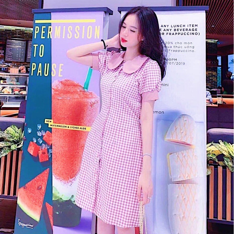 Đầm caro hồng cổ sen
