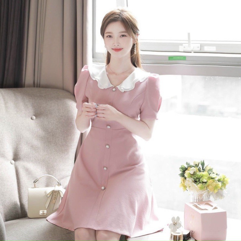 [HCM]Đầm hồng cổ trắng nút ngọc