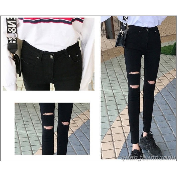 Quần jean nữ lưng cao đen rách gối đrg-#1