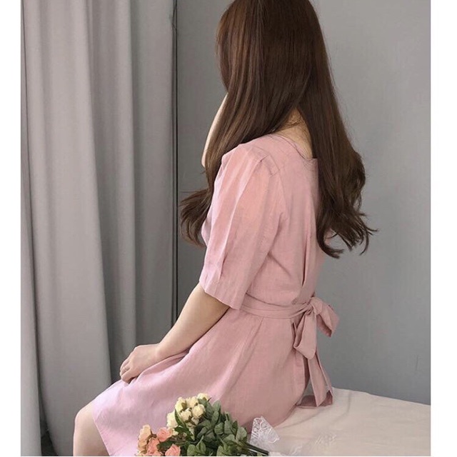 [HCM]Đầm cổ U thắt nơ 2 màu (kèm hình thật)