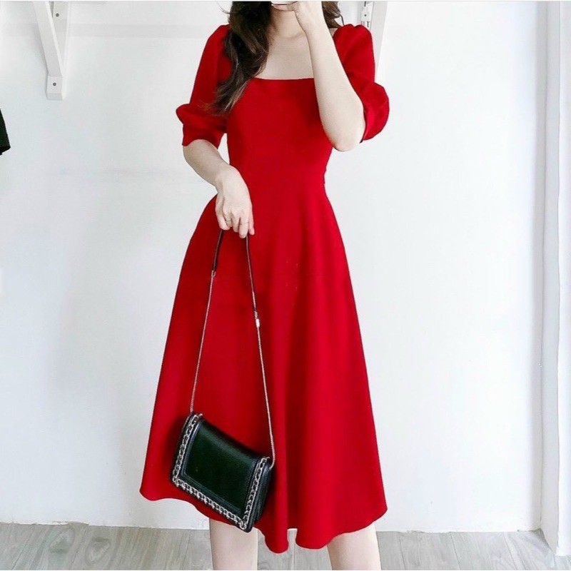 [HCM]Đầm đỏ cổ vuông tay lỡ (kèm hình thật)