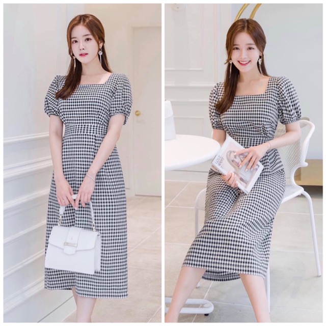 Đầm caro đen cổ vuông