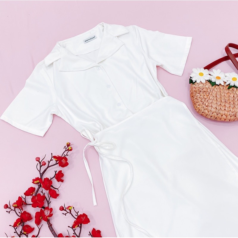 [HCM]Đầm trắng cổ vest đắp tà (kèm hình thật)