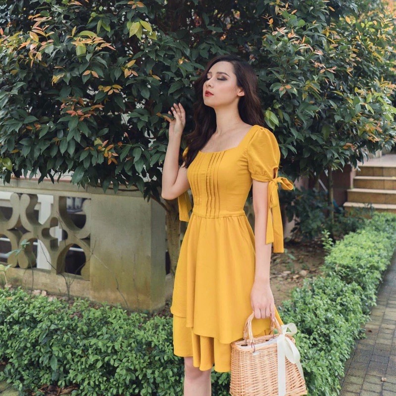 [HCM]Đầm vàng tầng tay nơ (kèm hình thật)