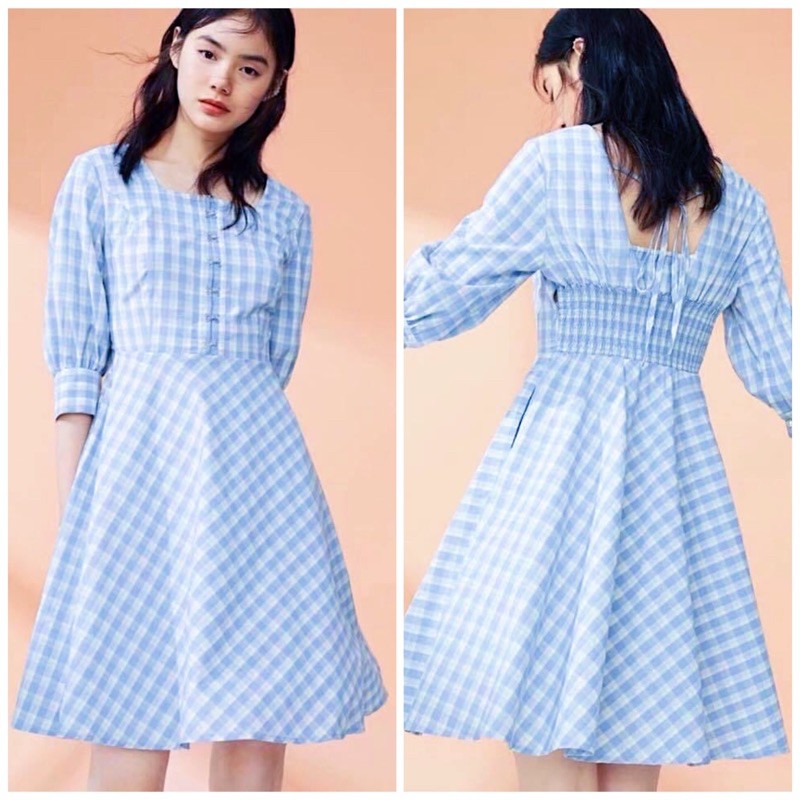 Đầm caro xanh thun eo sau